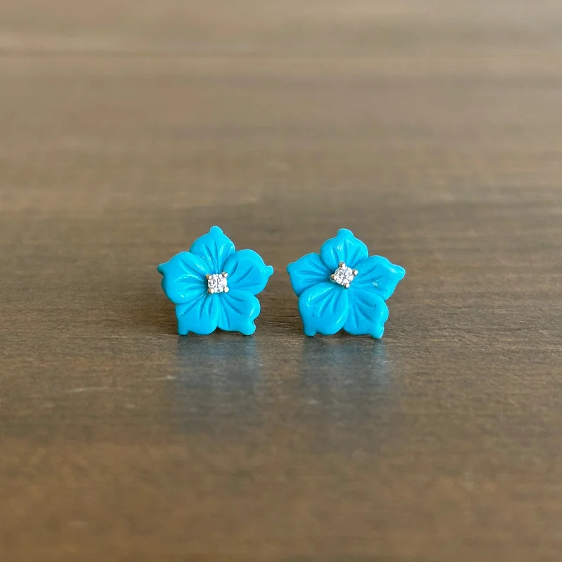 Women's ruby earrings-Turquoise Flower Stud Earrings with Diamonds