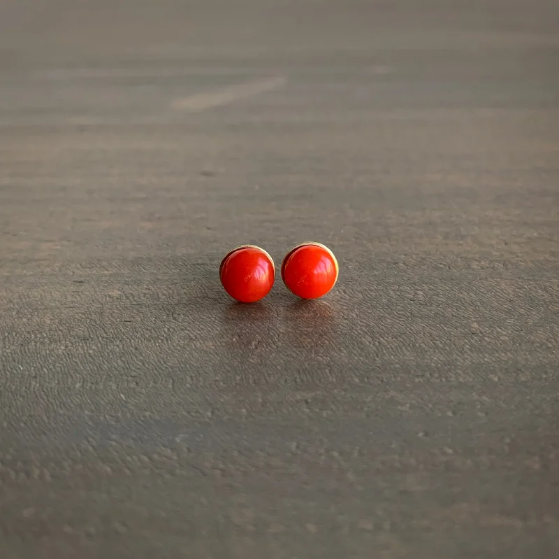 Women's threader earrings-Red Coral Button Studs