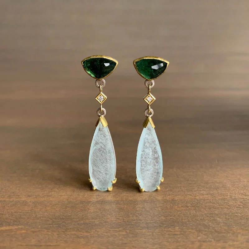 Women's fingerprint earrings-Tourmaline, Aquamarine, & Diamond Cube Earrings