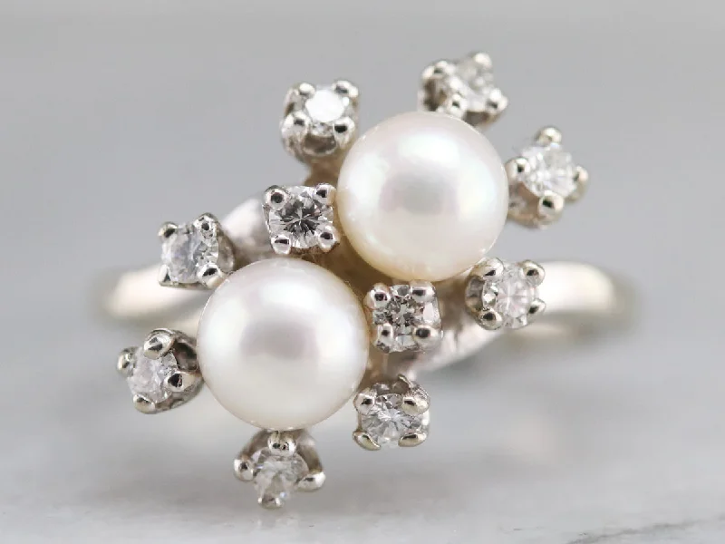 Women's eco-friendly rings-Pearl and Diamond Double Halo Ring