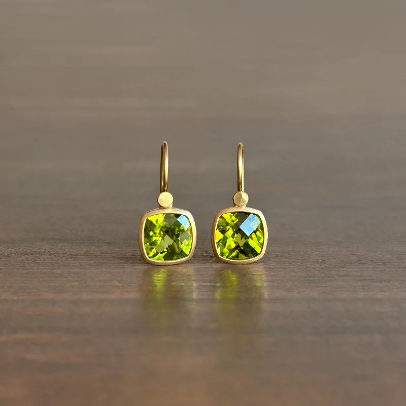 Women's elegant earrings-Checkered Peridot Cushion Drop Earrings