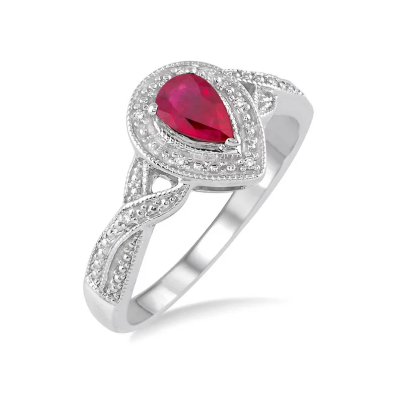 Women's celestial rings-Sterling Silver 6x4mm Pear Shape Ruby and 1/50 Carat Diamond Halo Ring