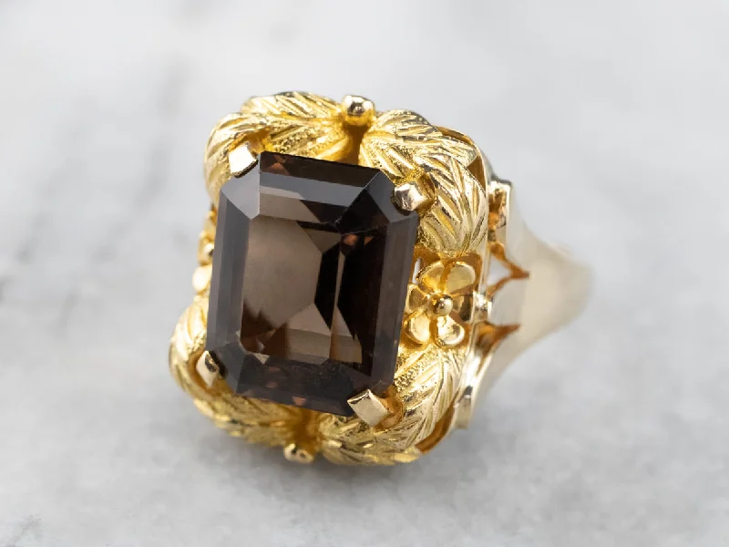 Women's everyday rings-Vintage Smoky Quartz Botanical Gold Statement Ring