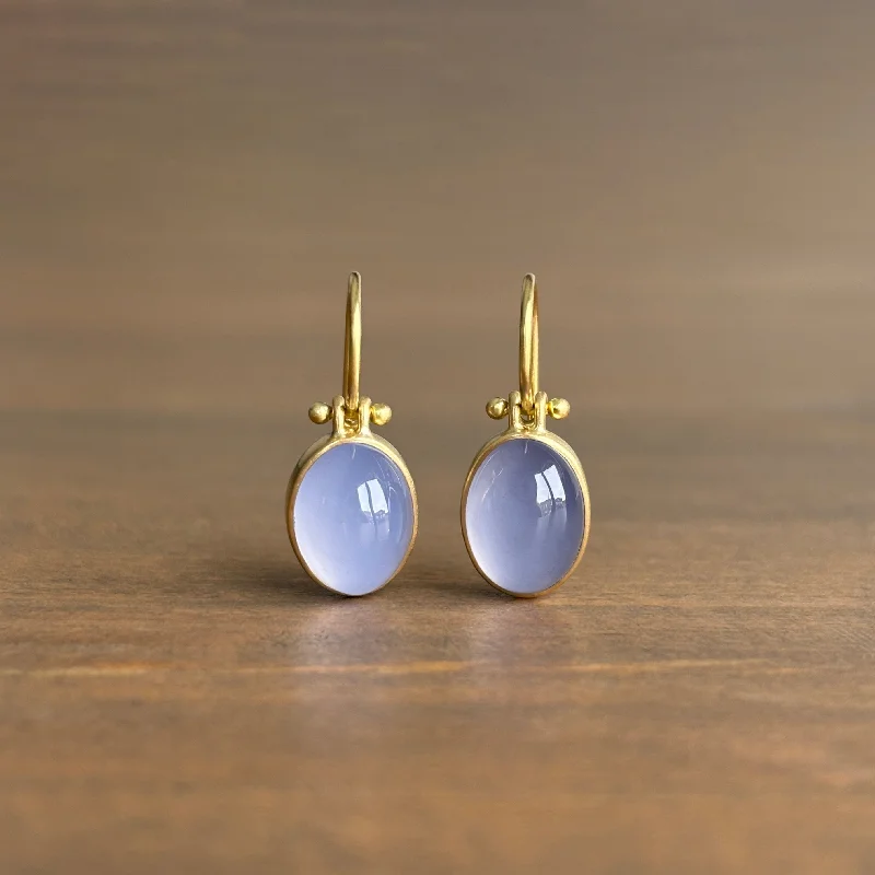 Women's bridal earrings-Oval Blue Namibian Chalcedony Cabochon Earrings