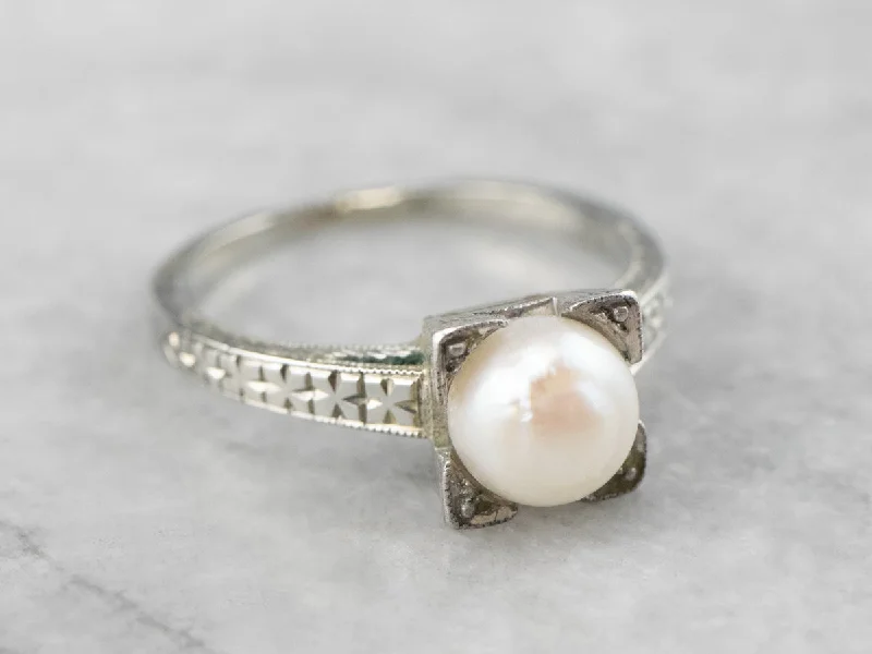 Minimalist women's rings-Art Deco Pearl White Gold Solitaire Ring