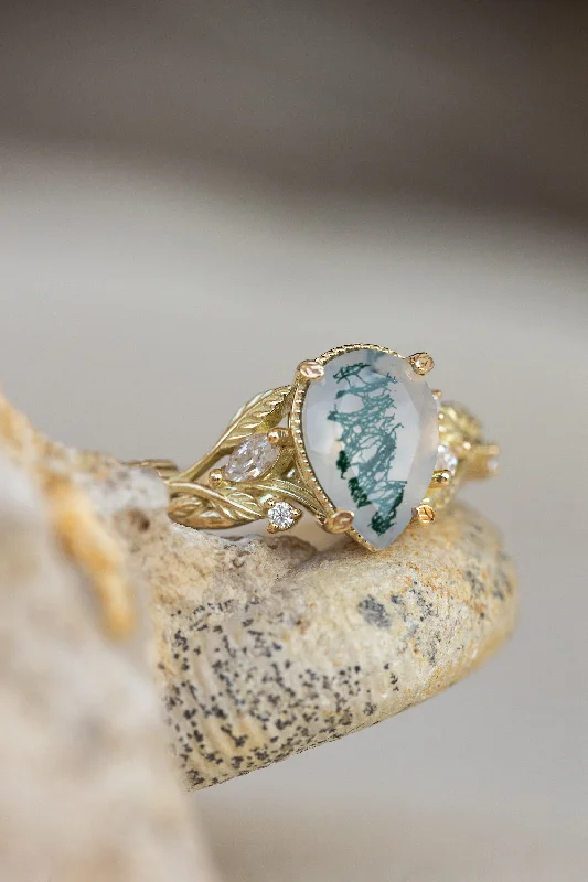 Women's graduation rings-READY TO SHIP: Patricia ring in 14K yellow gold, natural moss agate pear cut 10x7 mm, accent moissanites, AVAILABLE RING SIZES: 4.75 - 7.75 US