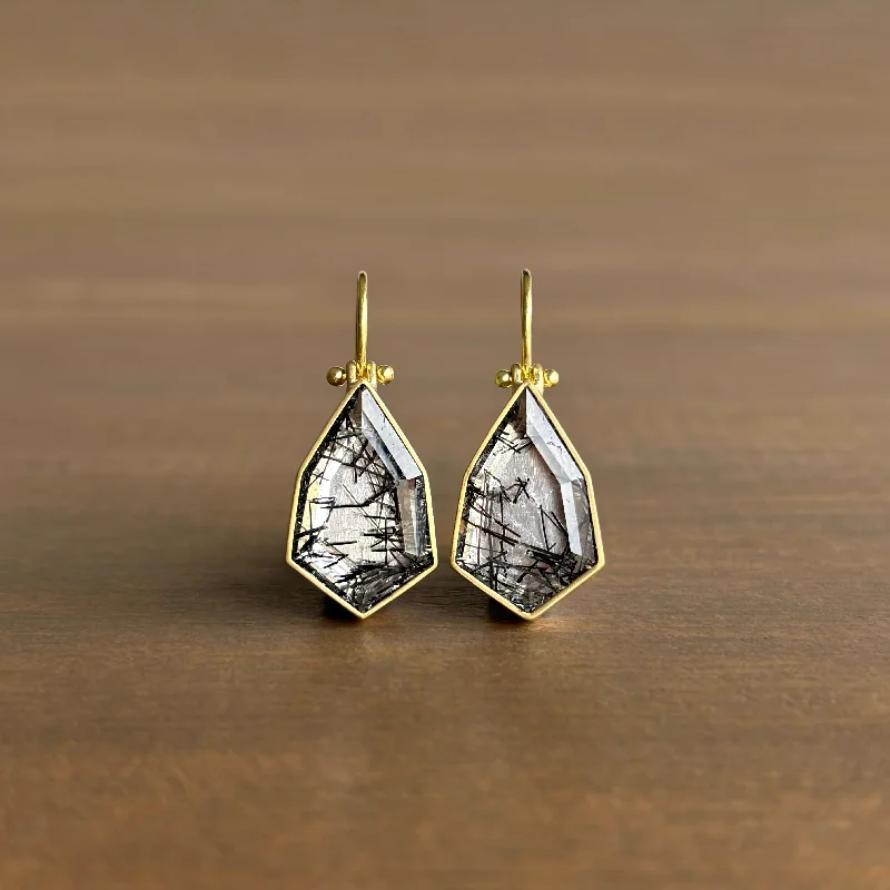 Women's luxury gift earrings-Geometric Tourmalated Quartz Earrings