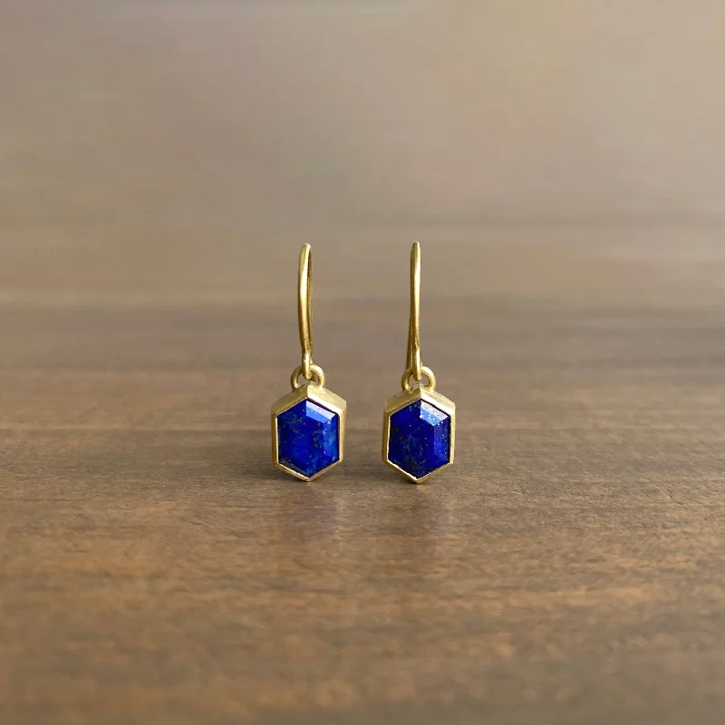 Women's chandelier earrings-Bezel Set Lapis Hexagon Drop Earrings