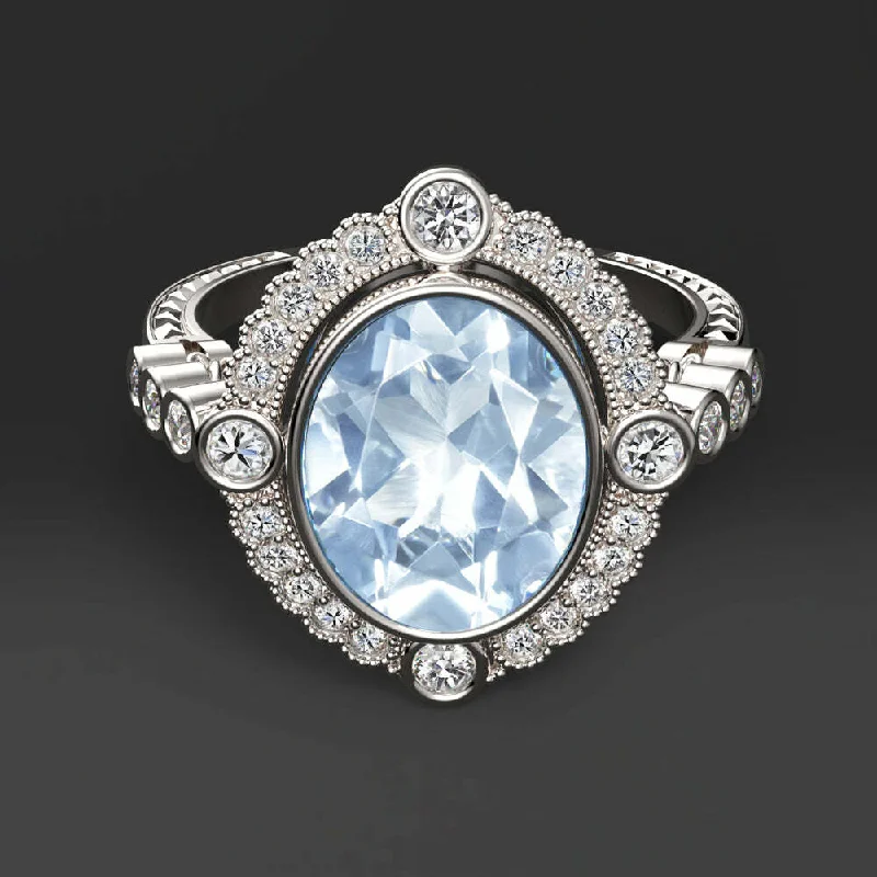 Women's celestial rings-AQUAMARINE DIAMOND HALO COCKTAIL RING VINTAGE STYLE 14k WHITE GOLD BLUE OVAL CUT