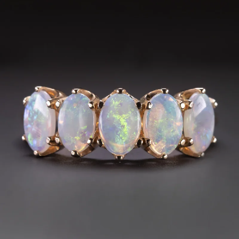 Women's cross rings-5 STONE OPAL COCKTAIL RING OVAL CABOCHON 14k ROSE GOLD VINTAGE STYLE VICTORIAN