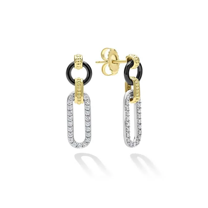 Women's stud earrings-LAGOS Small Black Ceramic Diamond Link Drop Earrings in 18K Yellow Gold and Sterling Silver