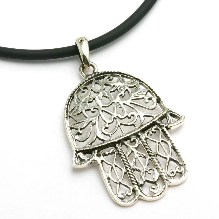 Women's luxury gift necklaces-Sterling Silver Hamsa Filigree Large Oxidized Necklace Black Cord