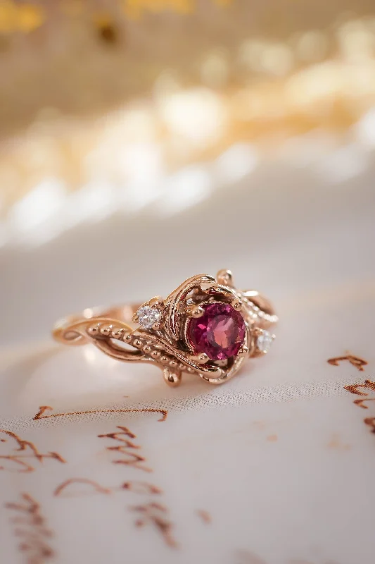 Women's sustainable rings-READY TO SHIP: Undina in 14K rose gold, pink tourmaline 5 mm, moissanites, AVAILABLE RING SIZES: 5.5 - 8.5 US