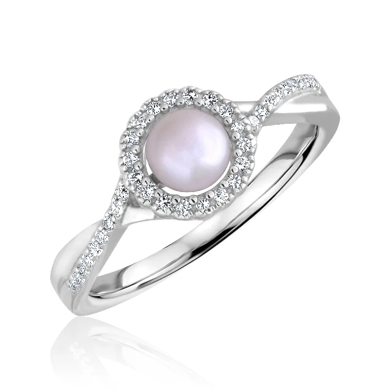 Women's handmade artisan rings-Pearl and Diamond Halo June Birthstone Ring in Sterling Silver