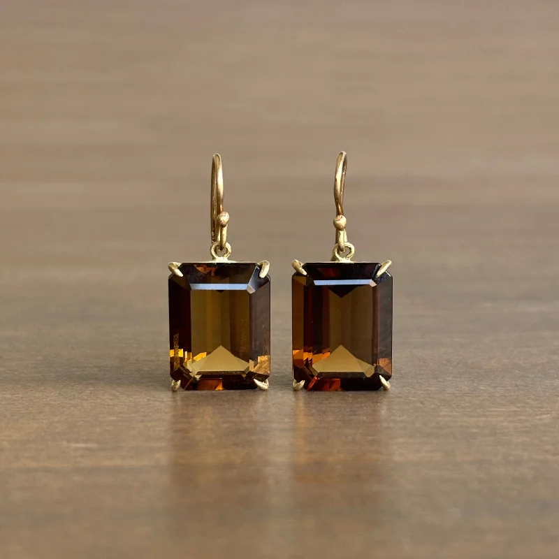 Women's seasonal earrings-Large Emerald Cut Cognac Quartz Earrings