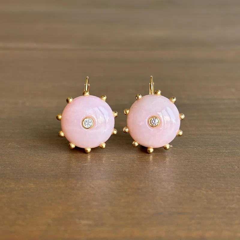 Women's casual earrings-Hand Cut Pink Opal & Diamond Studded Button Earrings