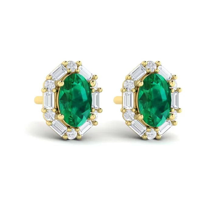 Women's elegant earrings-Vlora Adella Emerald and Diamond Stud Earrings in 14K Yellow Gold