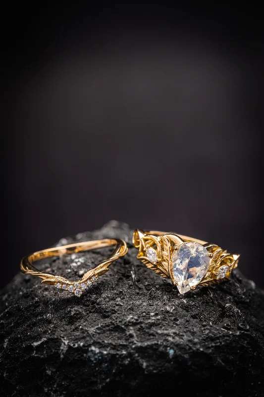 High-end women's rings-READY TO SHIP: Ikar ring set in 14K yellow gold, moonstone pear cut 10x7 mm, accent lab grown diamonds, AVAILABLE RING SIZES: 5.5 - 8.5 US