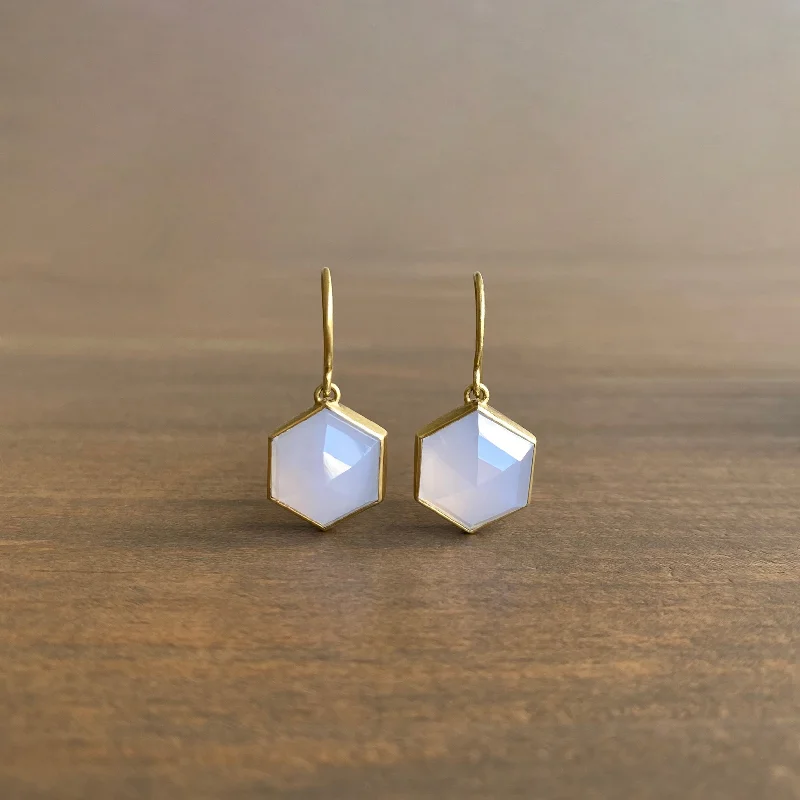 Women's threader earrings-Bezel Set Lilac Chalcedony Hexagon Drop Earrings