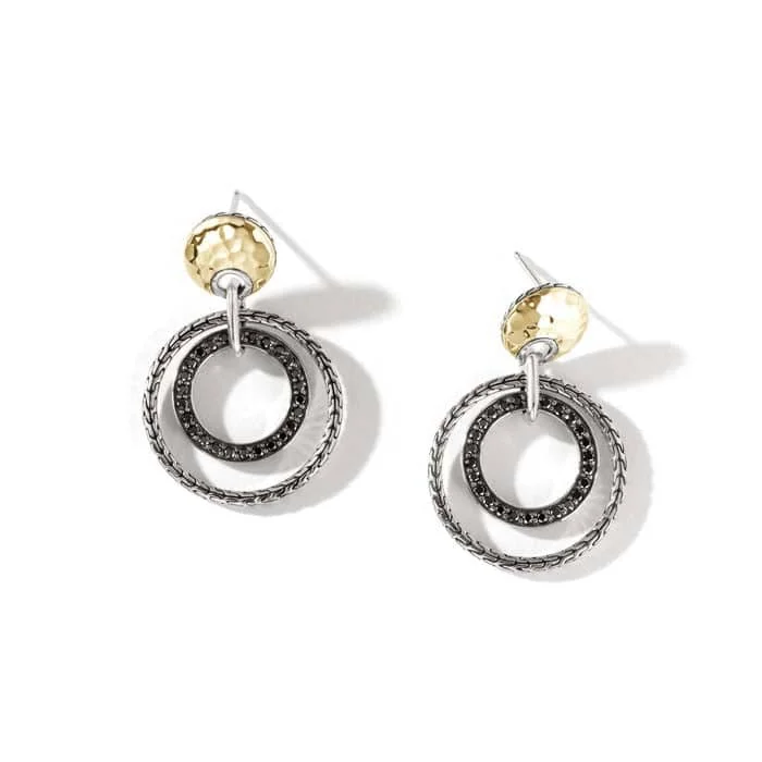 Women's wedding earrings-John Hardy Palu Drop Classic Chain Hammered Earrings with Treated Black Sapphires in Sterling Silver and 18K Yellow Gold