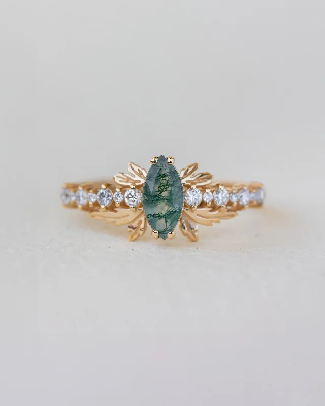 Women's anniversary rings-READY TO SHIP: Verbena ring in 18K yellow gold, natural moss agate marquise cut 8x4 mm, accents lab grown diamonds, RING SIZE: 5.5 - 8.5 US