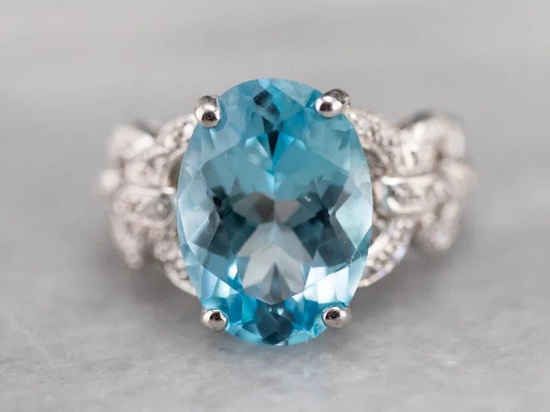 Women's DNA rings-White Gold Blue Topaz and Diamond Cocktail Ring