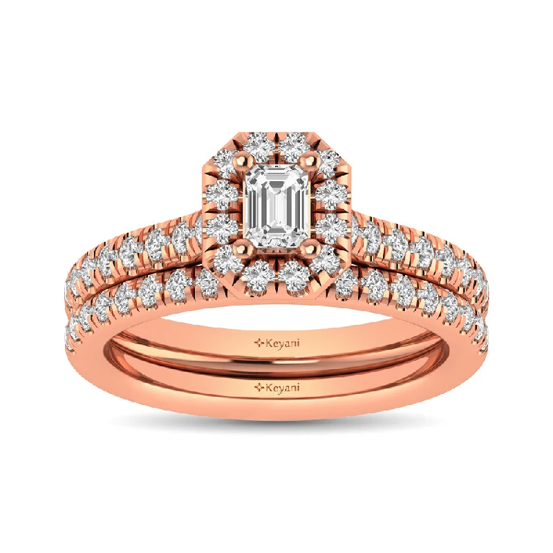 Women's stainless steel rings-Diamond Classic Shank Single Halo Bridal Ring 1 ct tw Emerald Cut in 14K Rose Gold