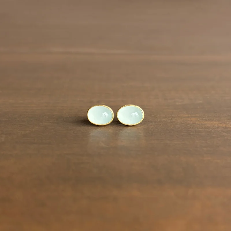 Women's sustainable earrings-Oval Milky Aquamarine Cabochon Stud Earrings