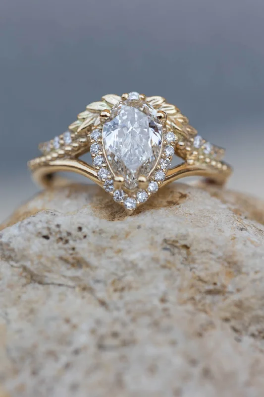 Women's unique rings-READY TO SHIP: Lyonella ring in 14K yellow gold, lab grown diamond pear cut 9x6* mm, accents lab grown diamonds, AVAILABLE RING SIZES: 5.5 - 8.5 US