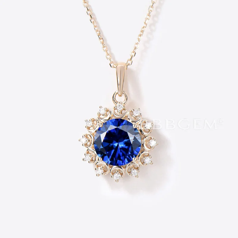 Women's friendship necklaces-Moon Bridal Necklace 2CT Round Blue Sapphire Diamond Necklace