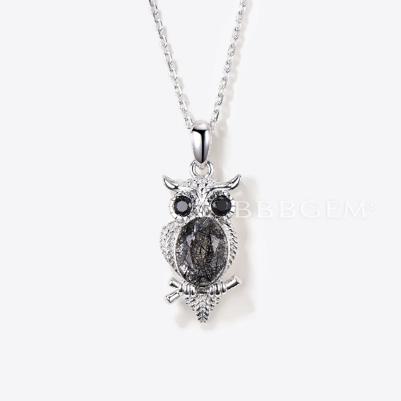 Vintage women's necklaces-Oval Cut Natural Black Rutilated Quartz Pendant Owl Three Stone Necklace