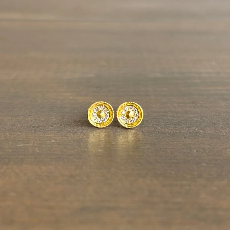 Women's beaded earrings-Large Concave Stud Earrings with Pavé Diamonds