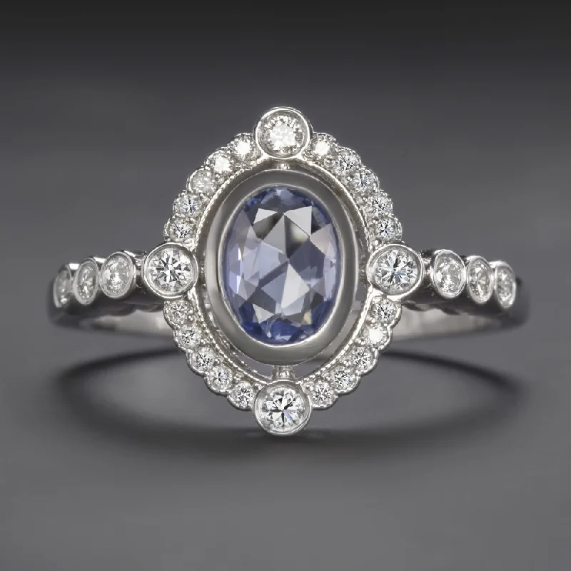 Women's art deco rings-SAPPHIRE DIAMOND VINTAGE STYLE COCKTAIL RING WHITE GOLD ROSE CUT HALO NATURAL