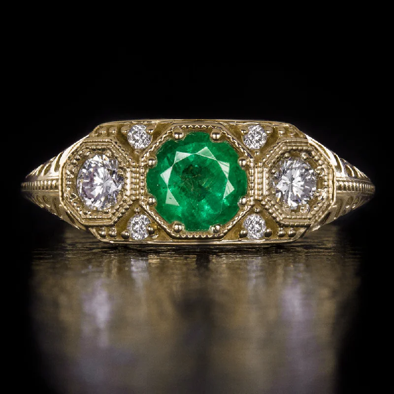 Women's family rings-NATURAL EMERALD DIAMOND ART DECO RING VINTAGE STYLE YELLOW GOLD GREEN COCKTAIL