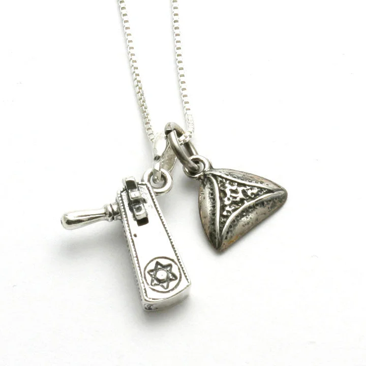 Women's everyday necklaces-Sterling Silver Purim Charm Necklace Grogger Hamantashen