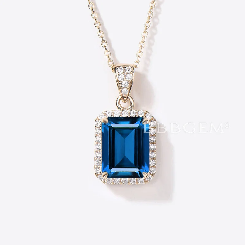 Women's family necklaces-2CT Emerald Cut Blue Sapphire Necklace Halo Diamond Wedding Necklace