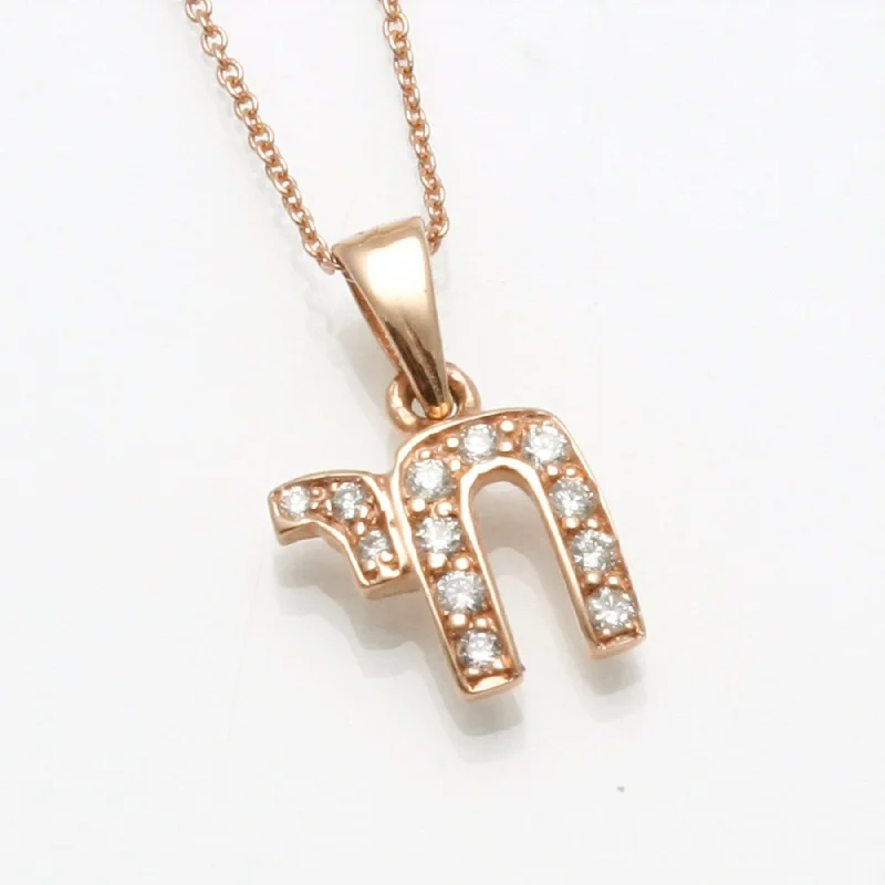 Women's K gold necklaces-14k Rose Gold Petite Diamond Chai Necklace 0.16 carats