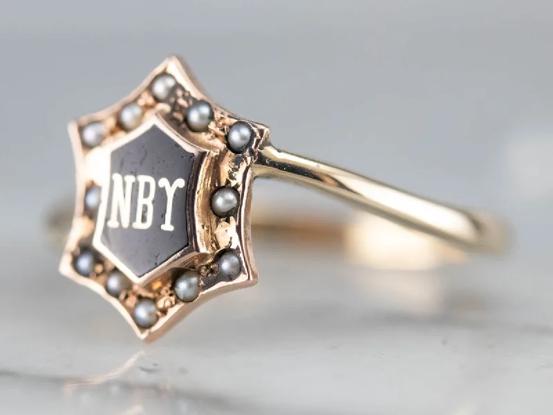 Women's geometric rings-Antique NBY Enamel and Seed Pearl Ring