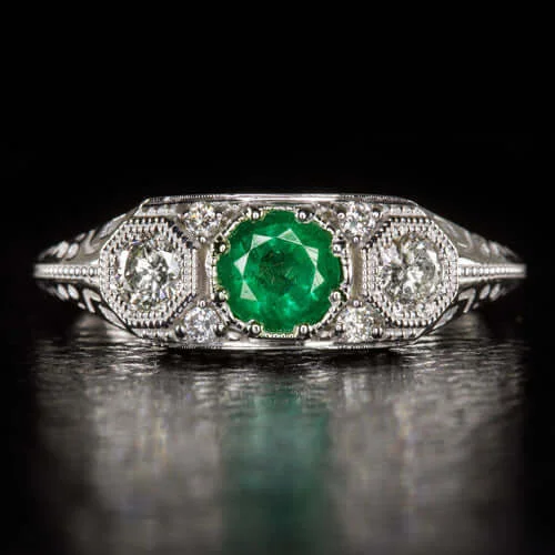 Women's fashion rings-EMERALD DIAMOND ART DECO RING VINTAGE STYLE 3 STONE WHITE GOLD GREEN COCKTAIL