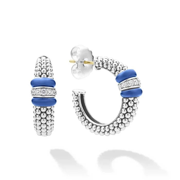 Women's vintage-inspired earrings-LAGOS Ultramarine Blue Ceramic Caviar Diamond Hoop Earrings in Sterling Silver