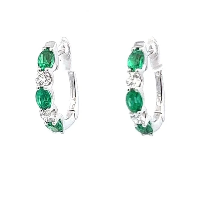 Women's dangle earrings-Mountz Collection Oval Emerald and Diamond Hinged Hoop Earrings in 14K White Gold