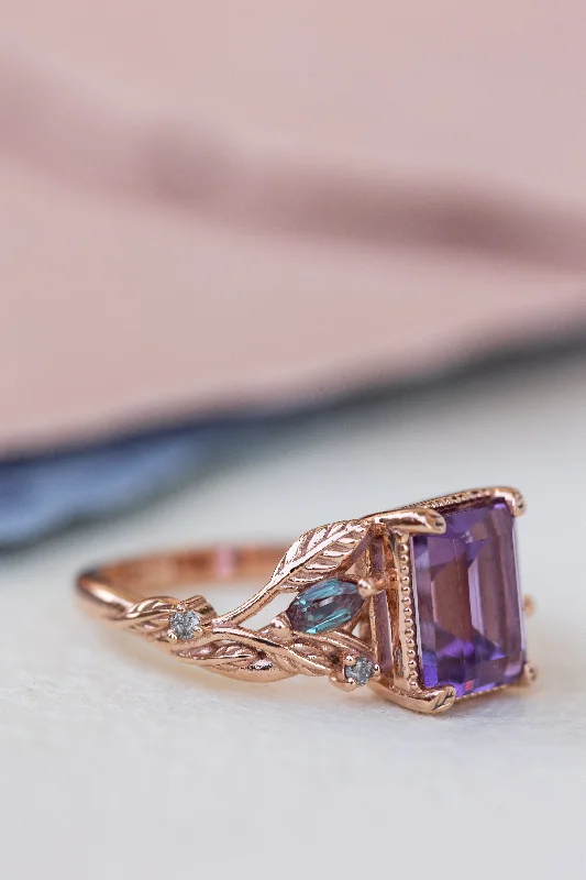 Women's luxury brand rings-READY TO SHIP: Patricia ring in 14K rose gold, natural amethyst emerald cut 8x6 mm, accents lab alexandrites and natural salt and pepper diamonds, AVAILABLE RING SIZES: 4 - 6.5 US