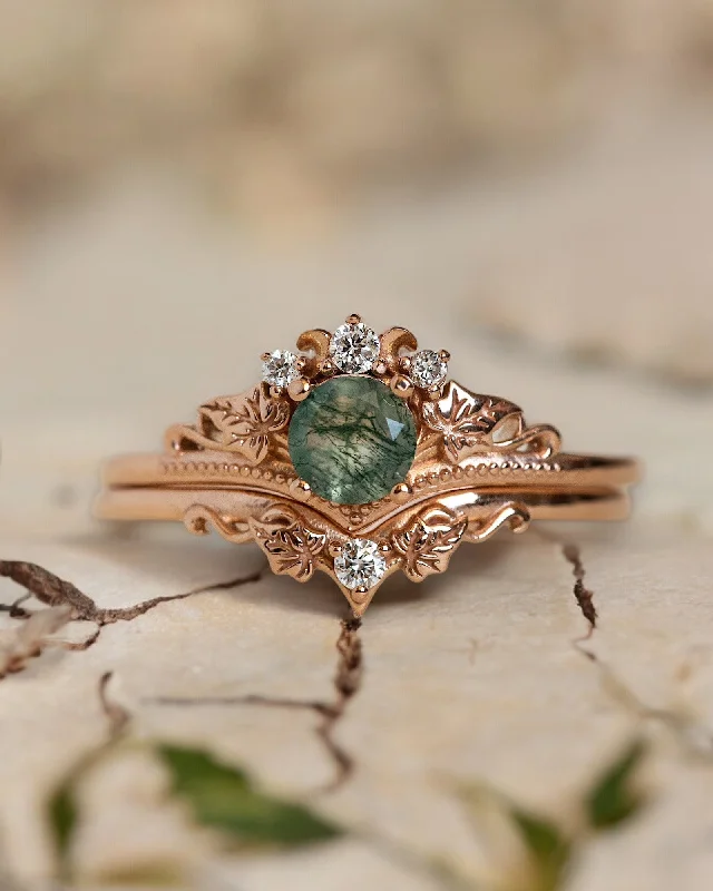 Minimalist women's rings-READY TO SHIP: Ariadne bridal ring set in 14K rose gold, round moss agate, accents lab grown diamonds, AVAILABLE RING SIZE: 8.5 - 11.5 US