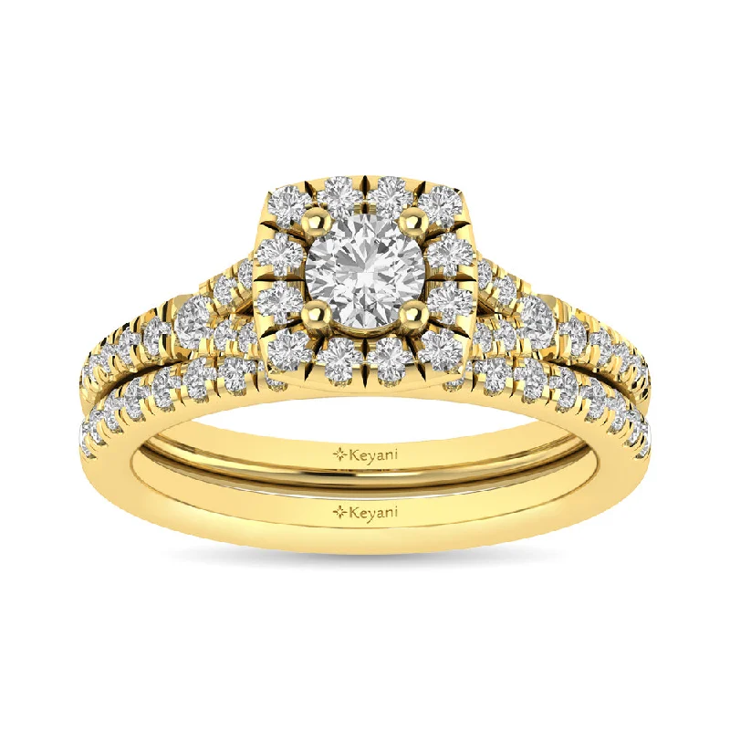 Women's emerald rings-Diamond  Split Shank Single Halo Bridal Ring 1 ct tw Round Cut in 14K Yellow Gold