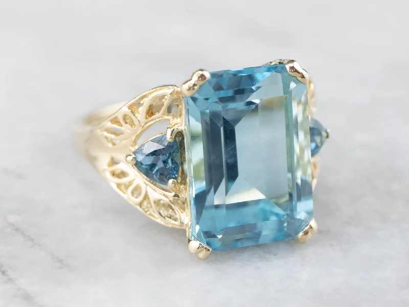 Women's Christmas rings-Three Stone Blue Topaz Gold Cocktail Ring