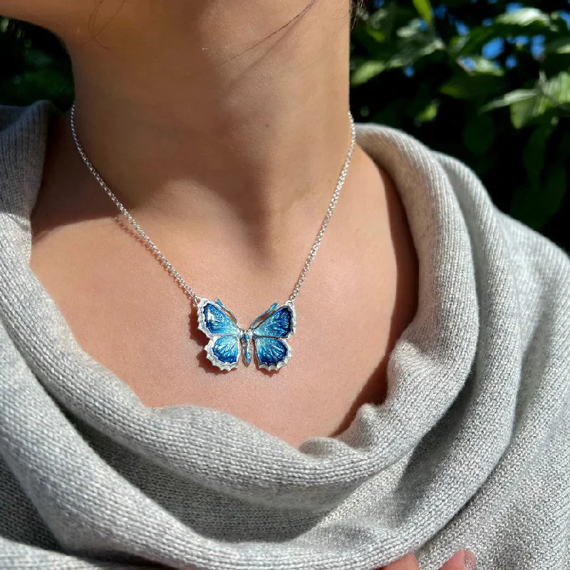 Women's rose gold necklaces-Butterfly Sterling Silver and Enamel Necklace - EN286-HOLLY