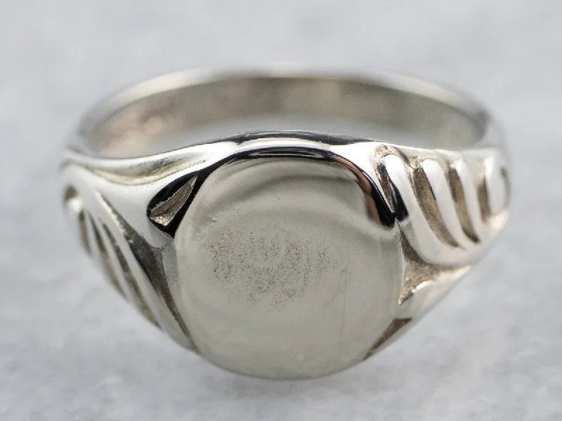 Women's charm rings-Vintage White Gold Patterned Signet Ring