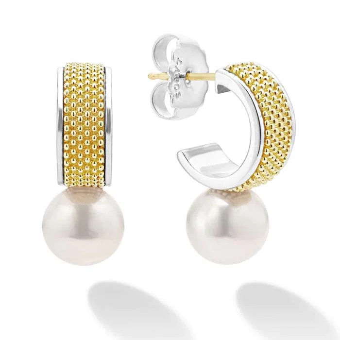 Women's titanium earrings-LAGOS Two-Tone Pearl Hoop Earrings in Sterling Silver and 18K Yellow Gold