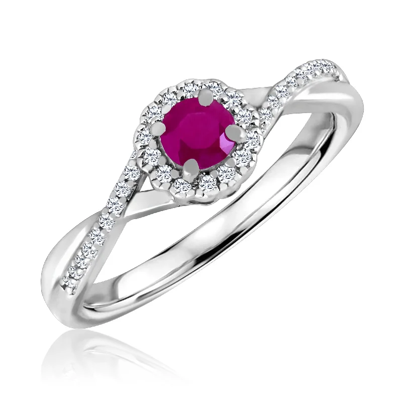 Women's luxury gift rings-Ruby and Diamond Halo July Birthstone Ring in Sterling Silver