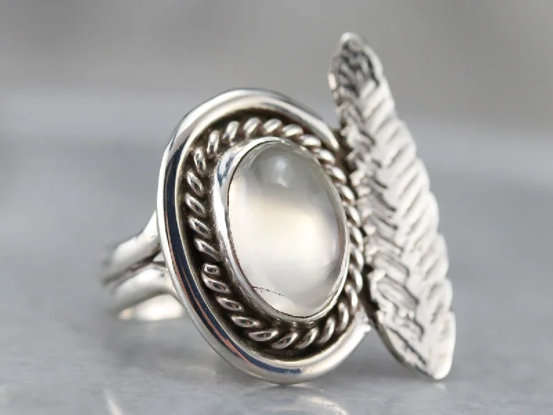 Women's seasonal rings-Silver Feather Moonstone Ring